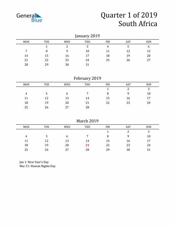 Quarter 1 2019 South Africa Quarterly Calendar