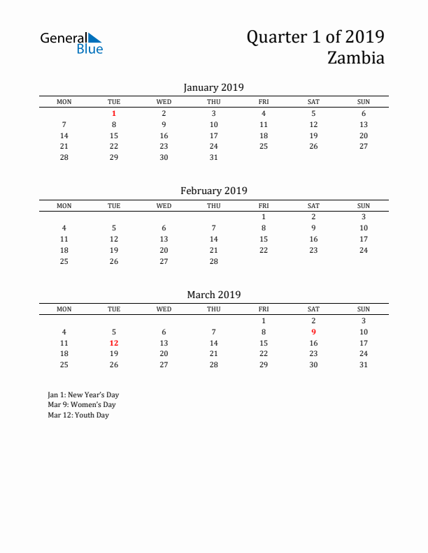 Quarter 1 2019 Zambia Quarterly Calendar