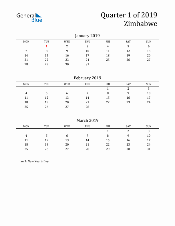 Quarter 1 2019 Zimbabwe Quarterly Calendar