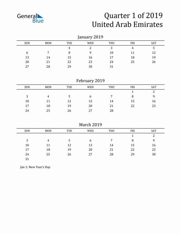 Quarter 1 2019 United Arab Emirates Quarterly Calendar