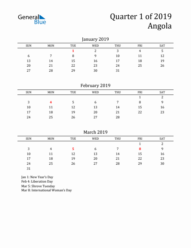 Quarter 1 2019 Angola Quarterly Calendar