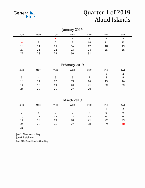 Quarter 1 2019 Aland Islands Quarterly Calendar