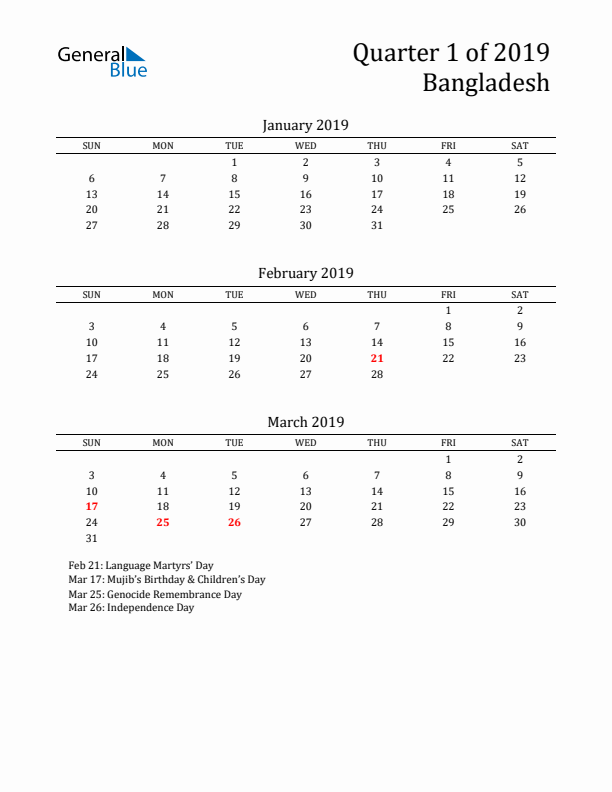 Quarter 1 2019 Bangladesh Quarterly Calendar