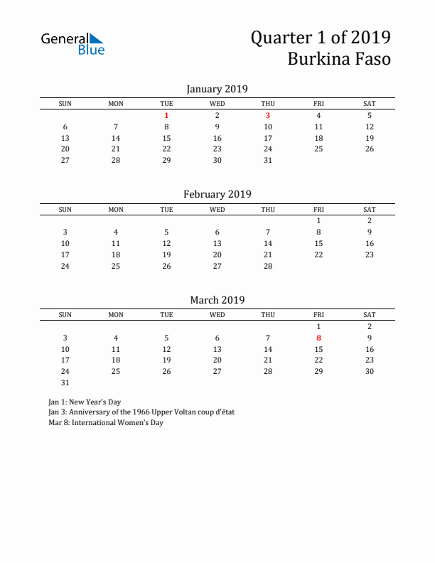 Quarter 1 2019 Burkina Faso Quarterly Calendar