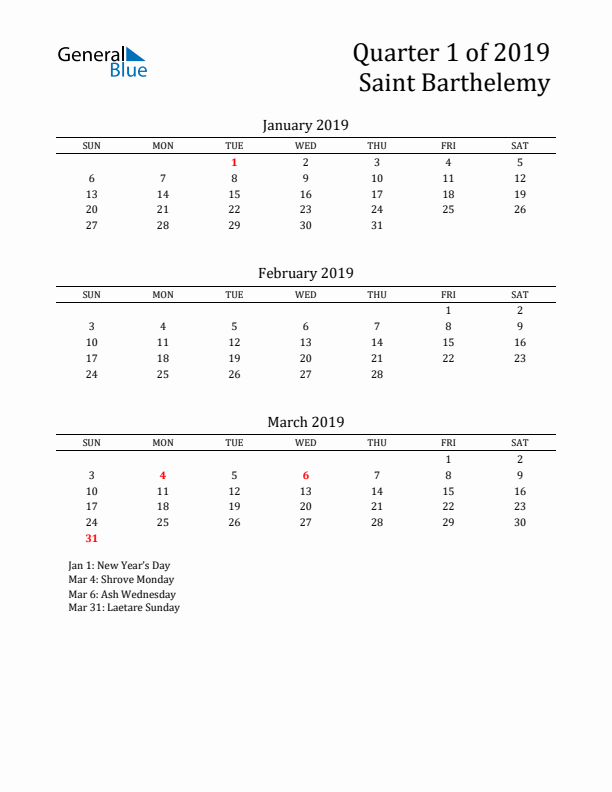 Quarter 1 2019 Saint Barthelemy Quarterly Calendar