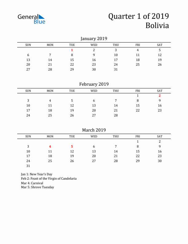 Quarter 1 2019 Bolivia Quarterly Calendar