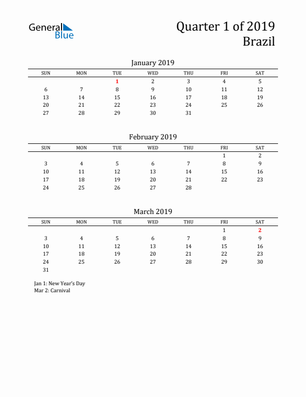 Quarter 1 2019 Brazil Quarterly Calendar