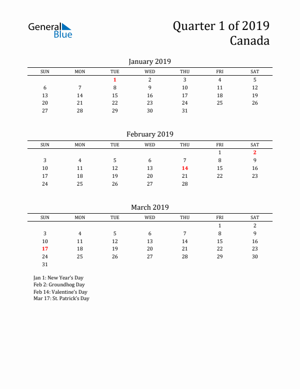 Quarter 1 2019 Canada Quarterly Calendar