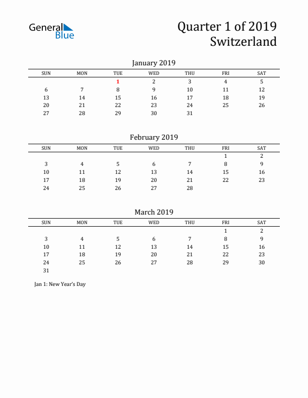 Quarter 1 2019 Switzerland Quarterly Calendar