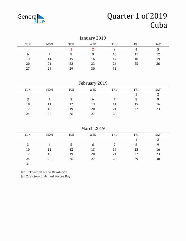 Quarter 1 2019 Cuba Quarterly Calendar