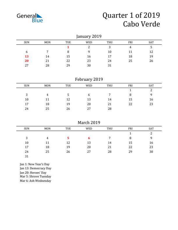 Quarter 1 2019 Cabo Verde Quarterly Calendar