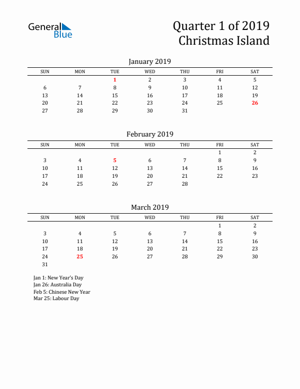 Quarter 1 2019 Christmas Island Quarterly Calendar