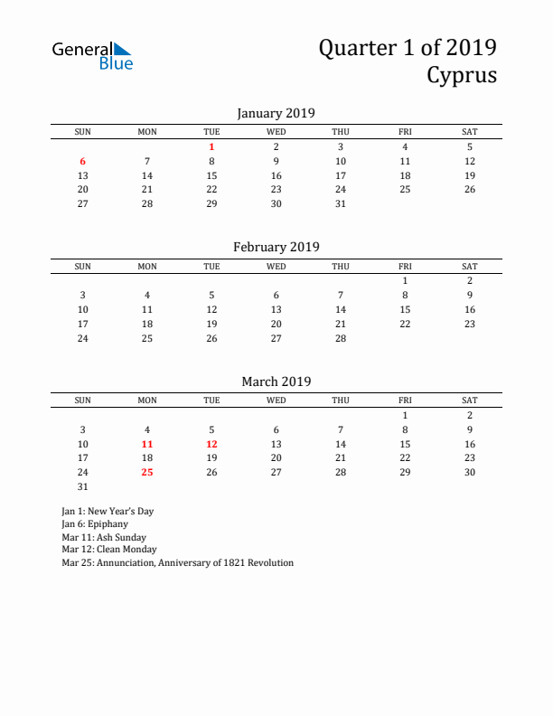 Quarter 1 2019 Cyprus Quarterly Calendar