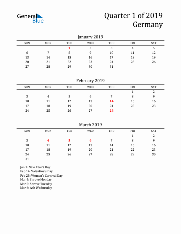 Quarter 1 2019 Germany Quarterly Calendar