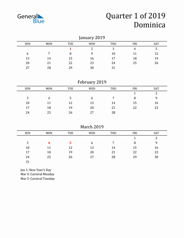 Quarter 1 2019 Dominica Quarterly Calendar