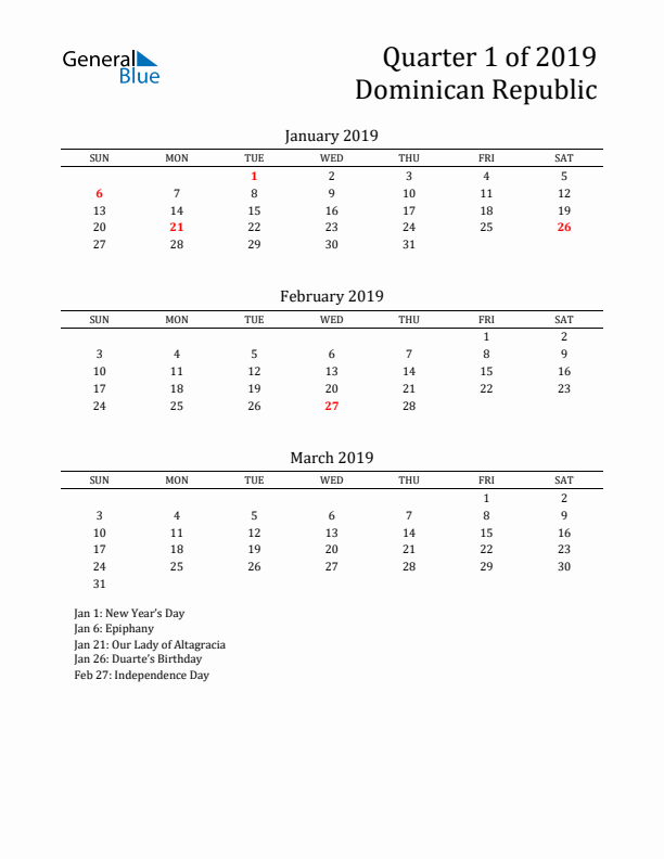 Quarter 1 2019 Dominican Republic Quarterly Calendar