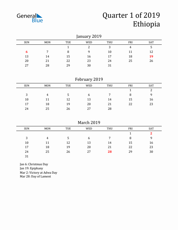 Quarter 1 2019 Ethiopia Quarterly Calendar