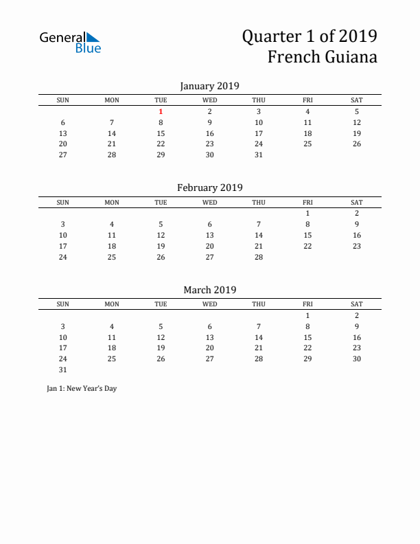 Quarter 1 2019 French Guiana Quarterly Calendar