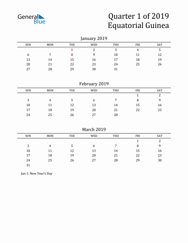 Quarter 1 2019 Equatorial Guinea Quarterly Calendar