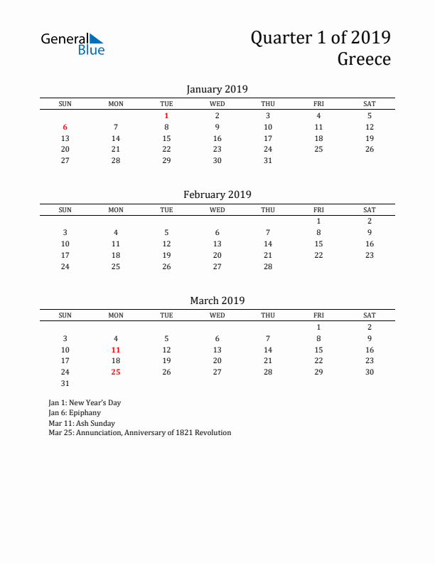 Quarter 1 2019 Greece Quarterly Calendar