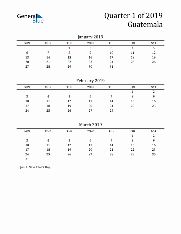 Quarter 1 2019 Guatemala Quarterly Calendar