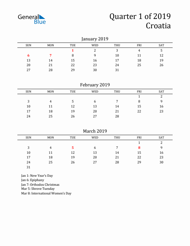 Quarter 1 2019 Croatia Quarterly Calendar