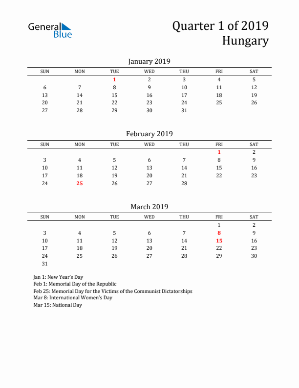 Quarter 1 2019 Hungary Quarterly Calendar