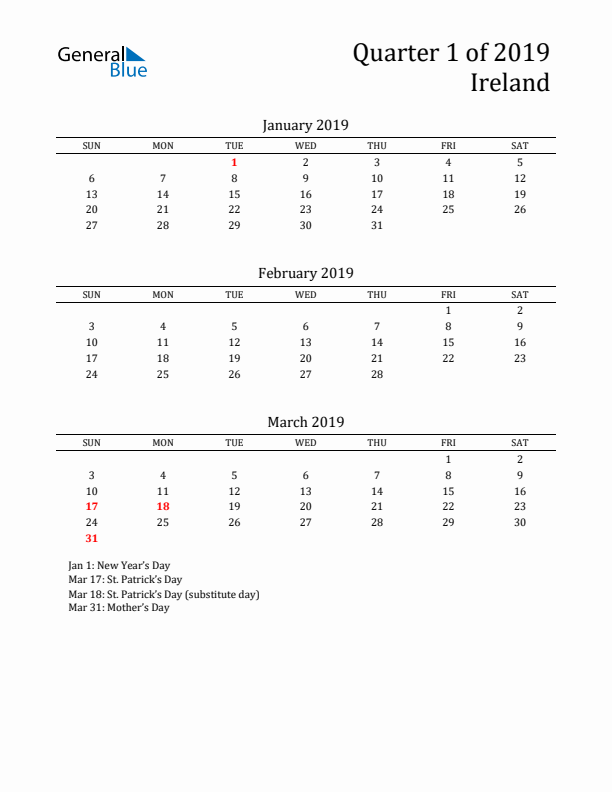 Quarter 1 2019 Ireland Quarterly Calendar