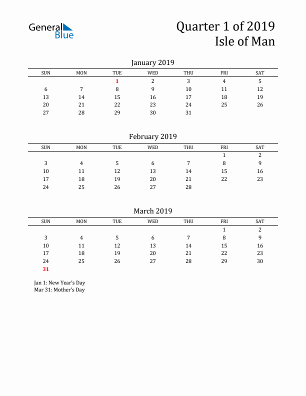 Quarter 1 2019 Isle of Man Quarterly Calendar