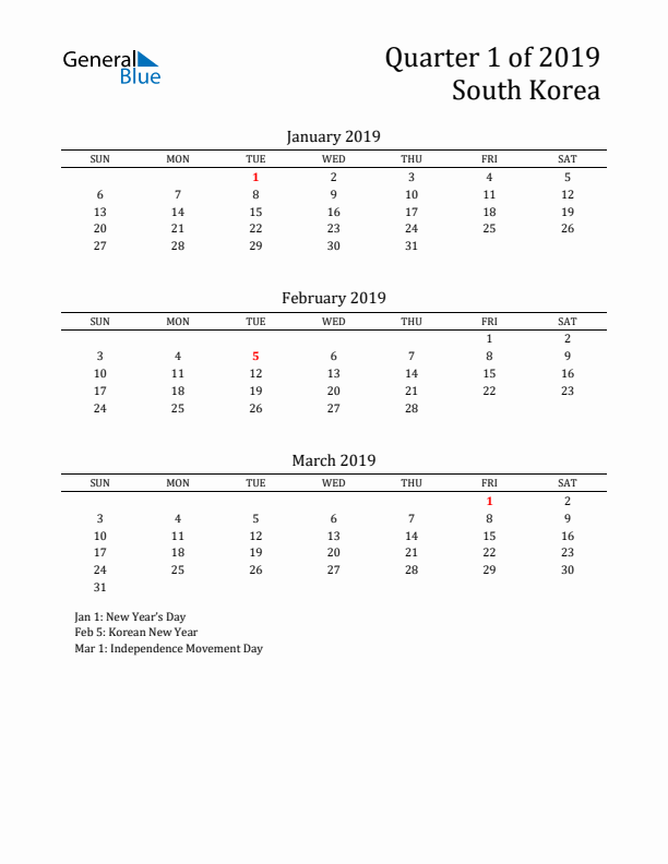 Quarter 1 2019 South Korea Quarterly Calendar