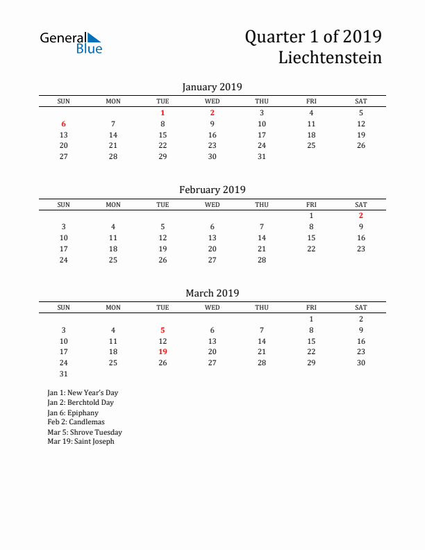 Quarter 1 2019 Liechtenstein Quarterly Calendar