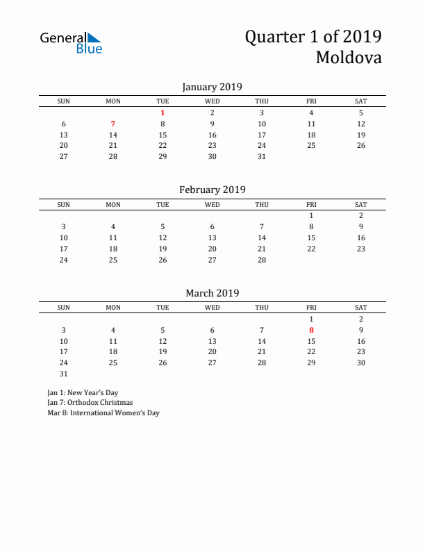 Quarter 1 2019 Moldova Quarterly Calendar