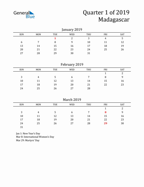 Quarter 1 2019 Madagascar Quarterly Calendar