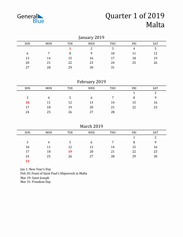 Quarter 1 2019 Malta Quarterly Calendar