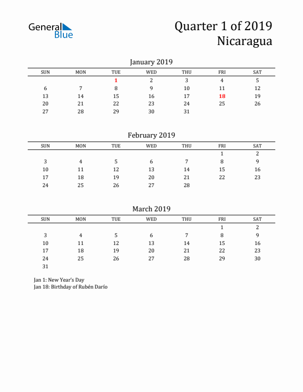 Quarter 1 2019 Nicaragua Quarterly Calendar