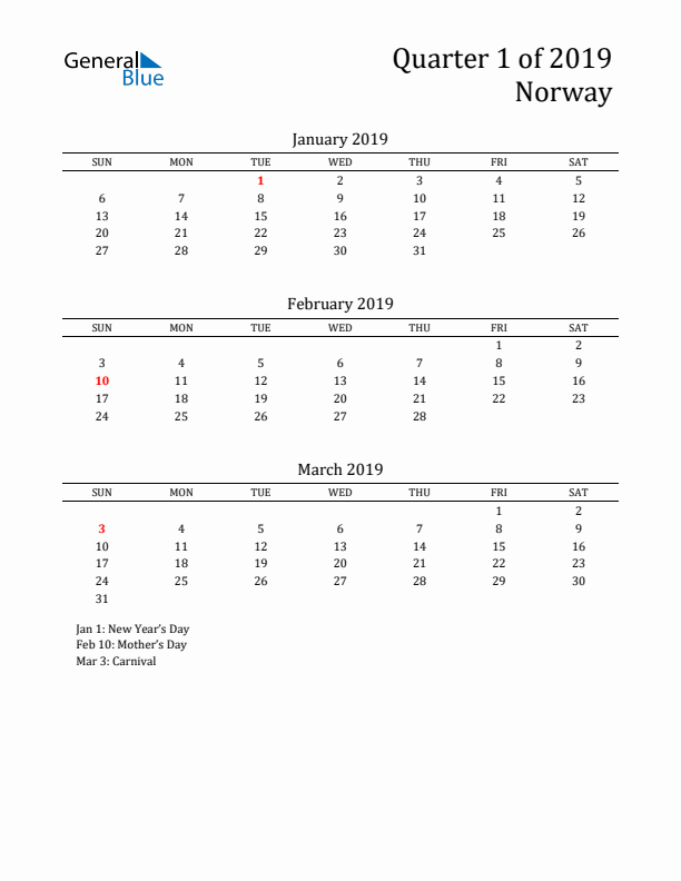 Quarter 1 2019 Norway Quarterly Calendar