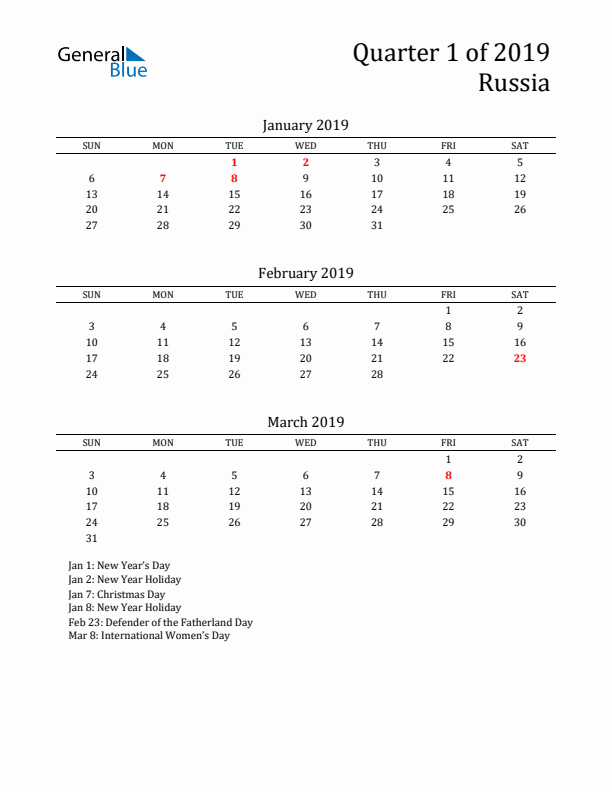 Quarter 1 2019 Russia Quarterly Calendar