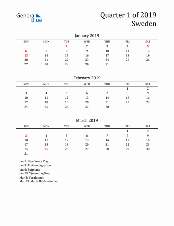 Quarter 1 2019 Sweden Quarterly Calendar