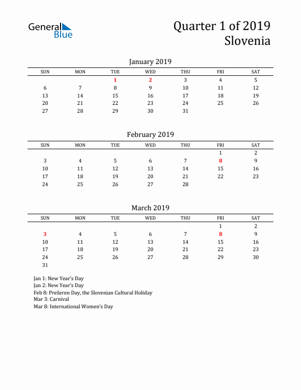 Quarter 1 2019 Slovenia Quarterly Calendar