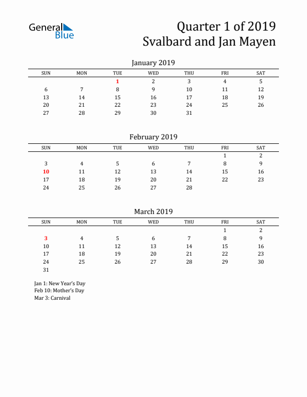 Quarter 1 2019 Svalbard and Jan Mayen Quarterly Calendar