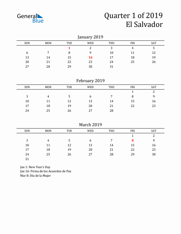 Quarter 1 2019 El Salvador Quarterly Calendar