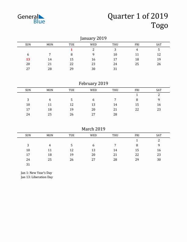 Quarter 1 2019 Togo Quarterly Calendar