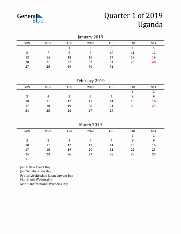 Quarter 1 2019 Uganda Quarterly Calendar