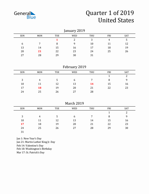 Quarter 1 2019 United States Quarterly Calendar