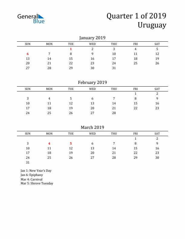 Quarter 1 2019 Uruguay Quarterly Calendar