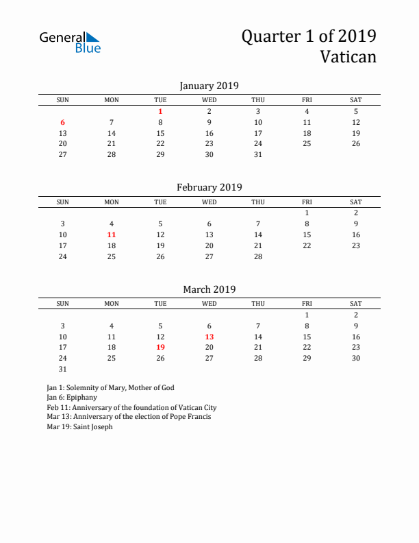 Quarter 1 2019 Vatican Quarterly Calendar