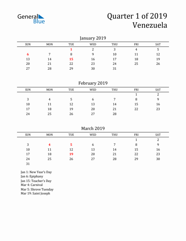 Quarter 1 2019 Venezuela Quarterly Calendar