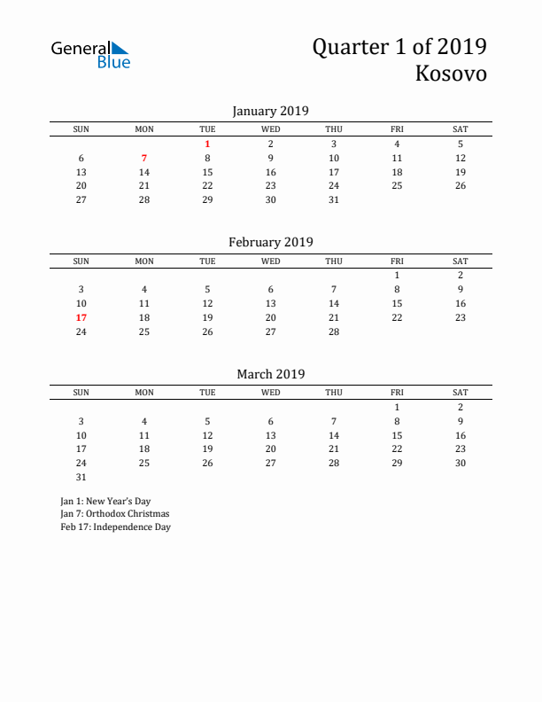 Quarter 1 2019 Kosovo Quarterly Calendar