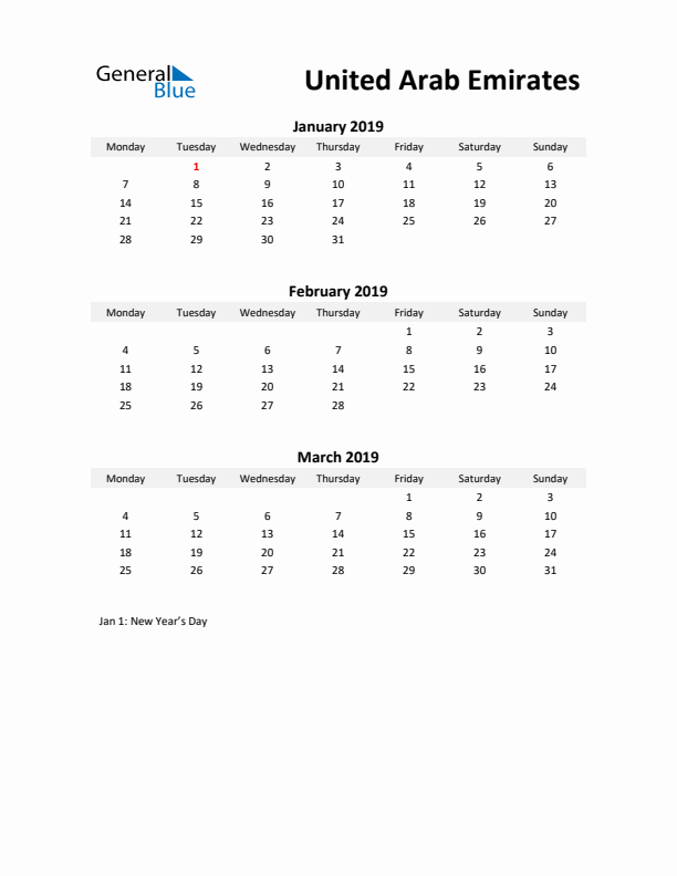 Printable Quarterly Calendar with Notes and United Arab Emirates Holidays- Q1 of 2019