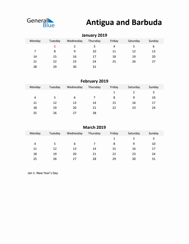 Printable Quarterly Calendar with Notes and Antigua and Barbuda Holidays- Q1 of 2019